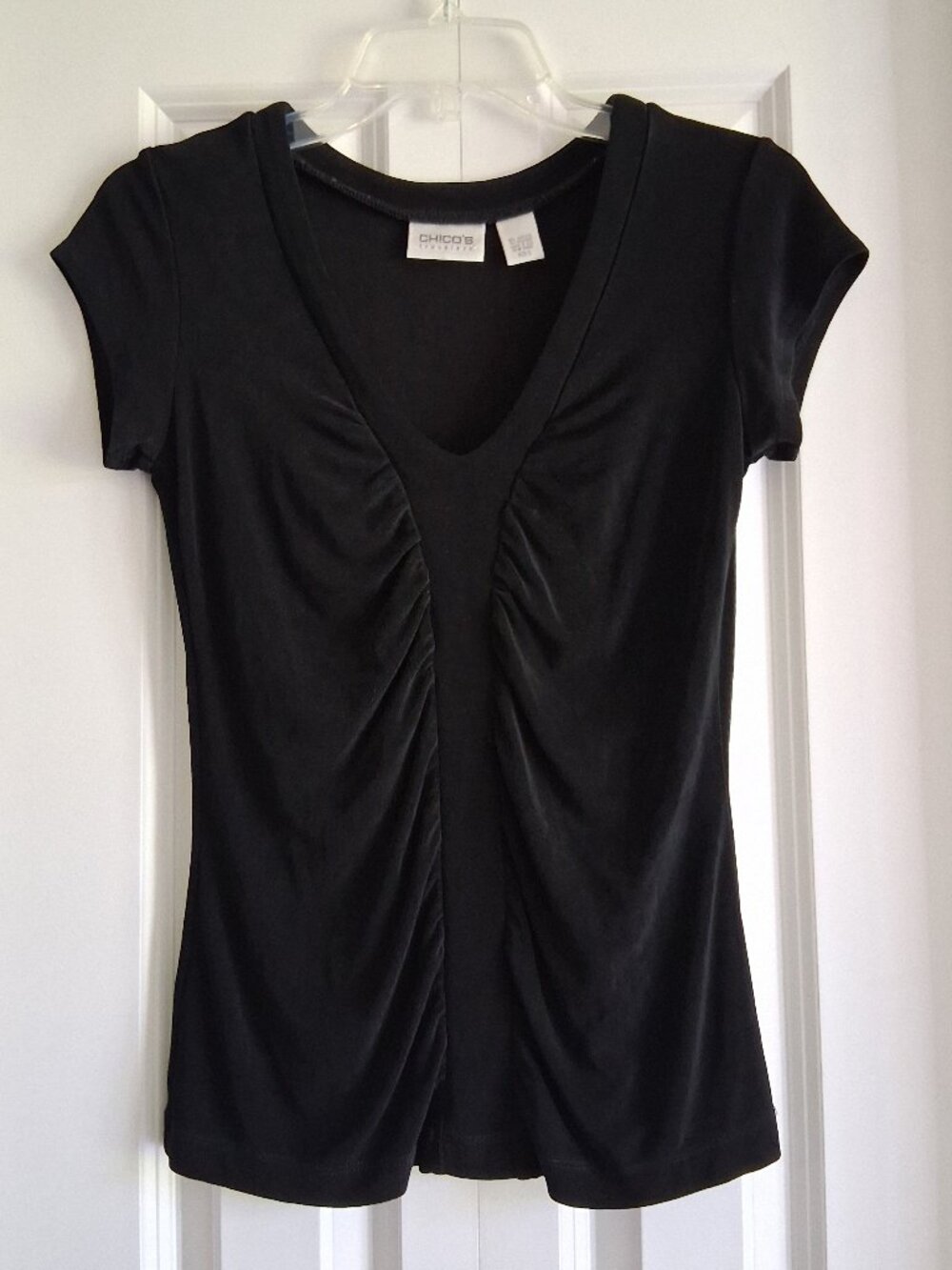 Chico's Travelers Black Cap-Sleeve Ruched Blouse Women's Size 0